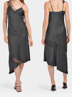House of Harlow 1960 Black Asymmetrical Lace-Trim Slip Dress